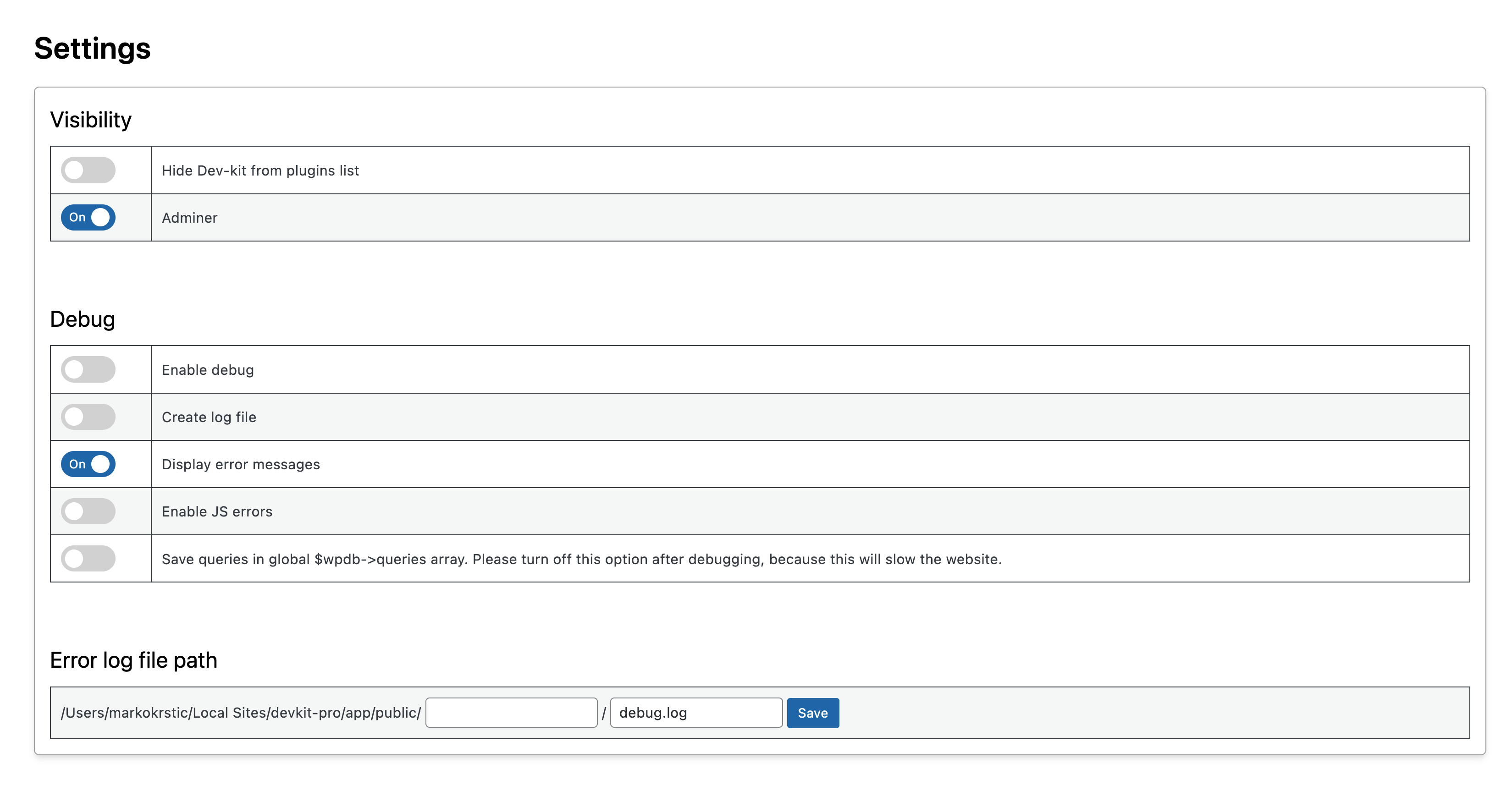 devkit settings page