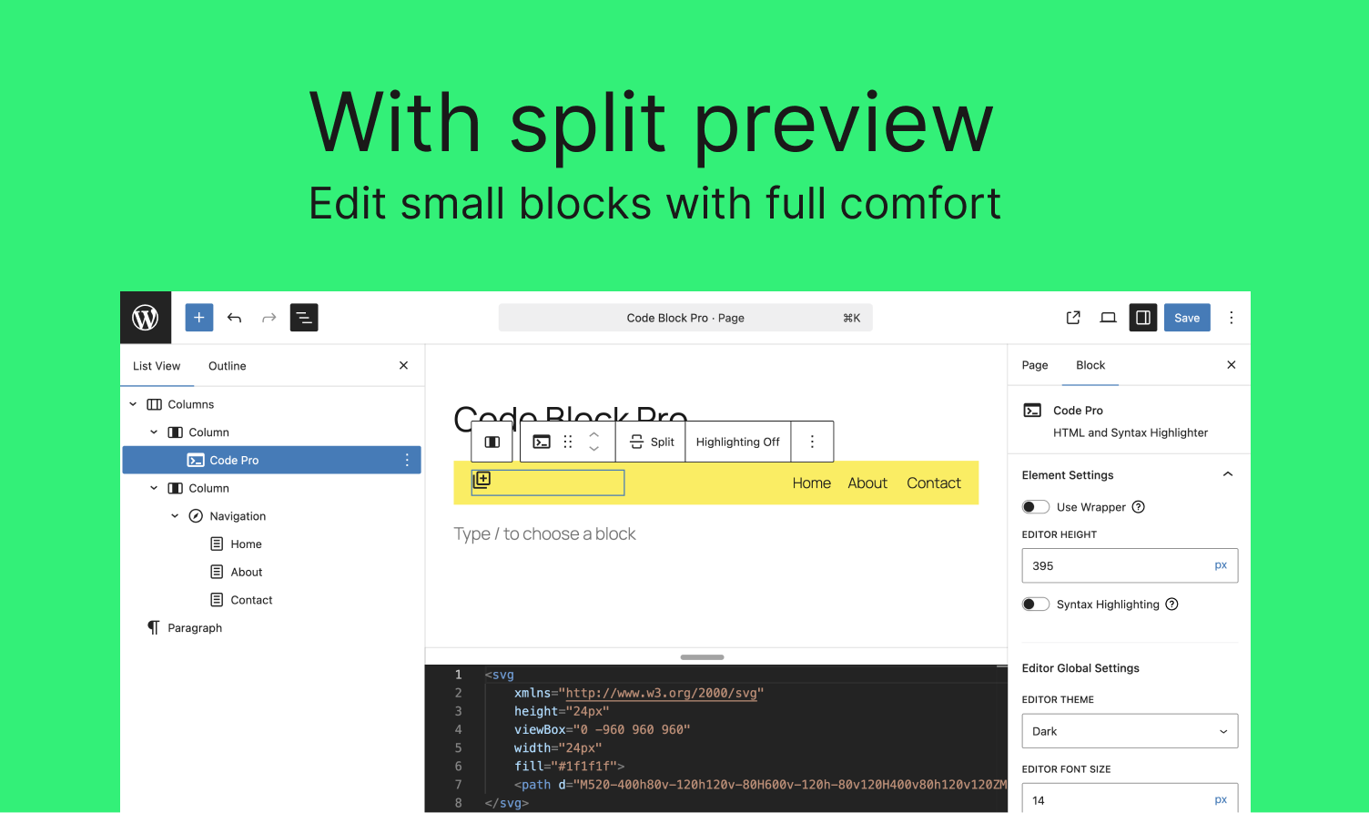 DBlocks CodePro split view with code and live preview in the block editor