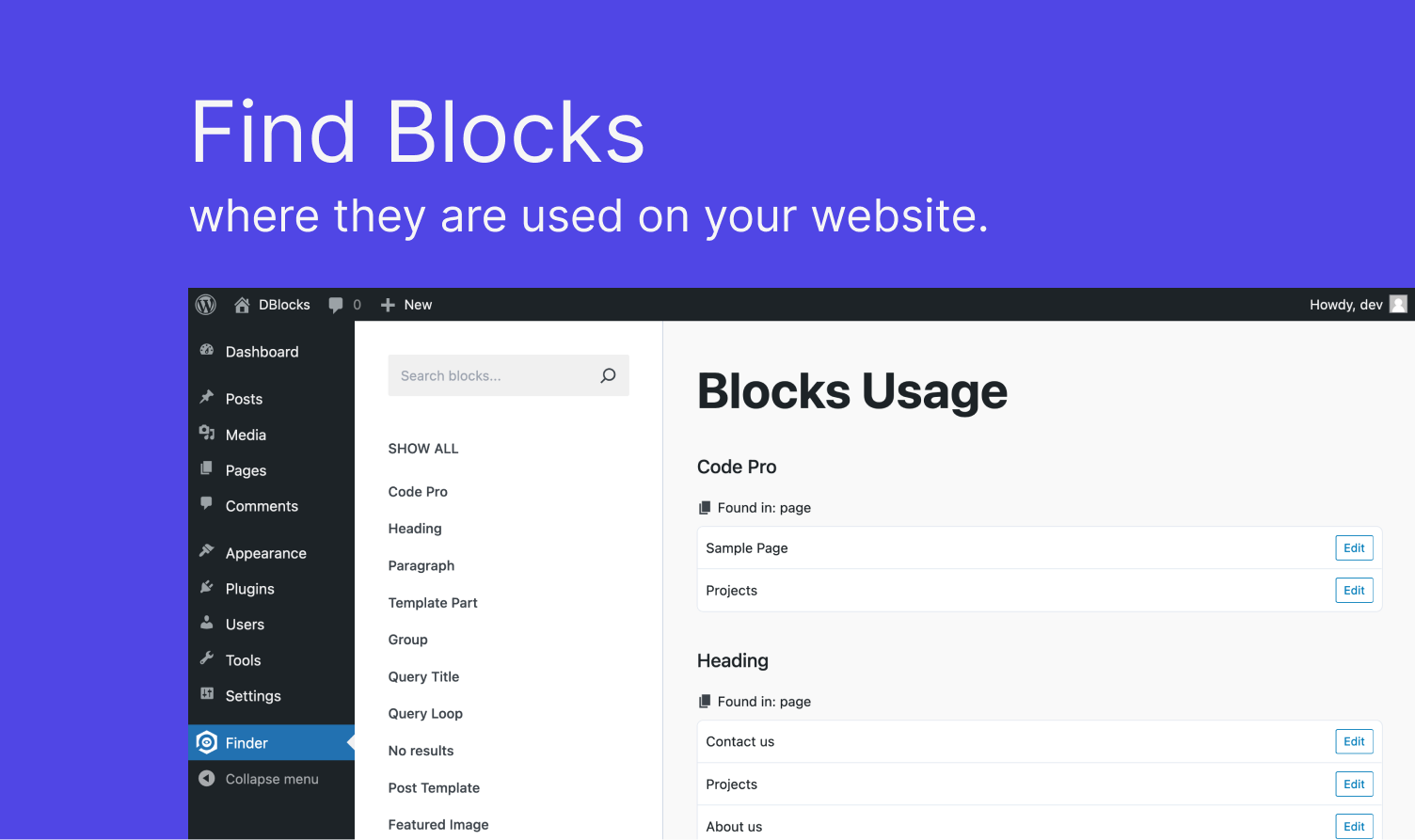 DBlocks Finder listing blocks and the pages that use them