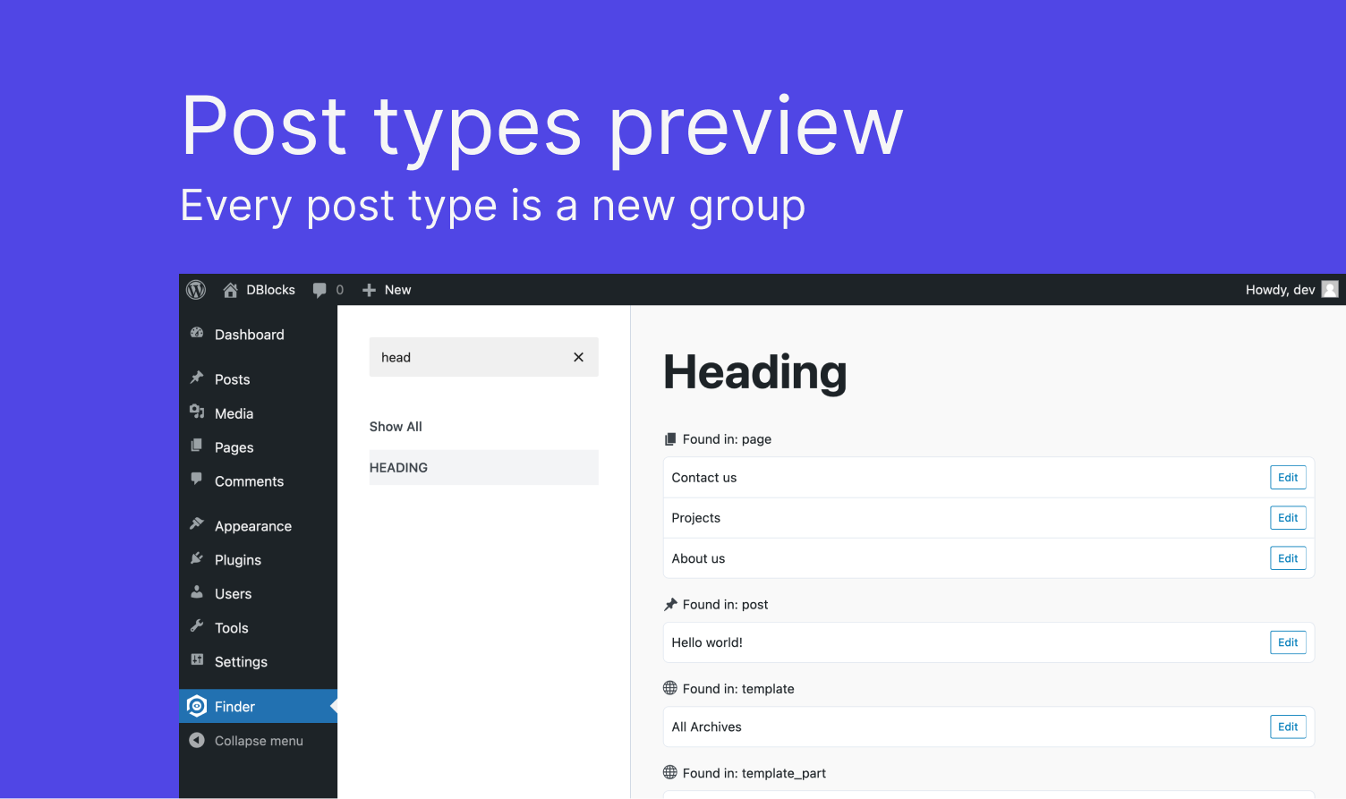 DBlocks Finder grouping block usage by post type