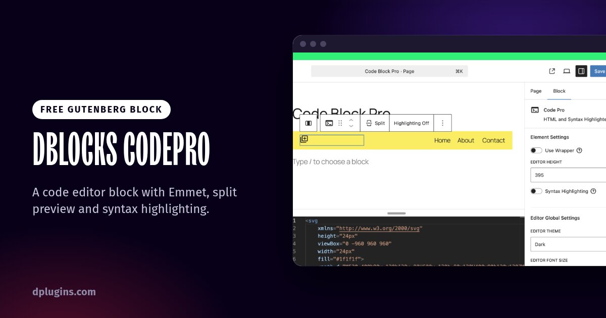 DBlocks CodePro, a free Gutenberg code editor block, in split preview
