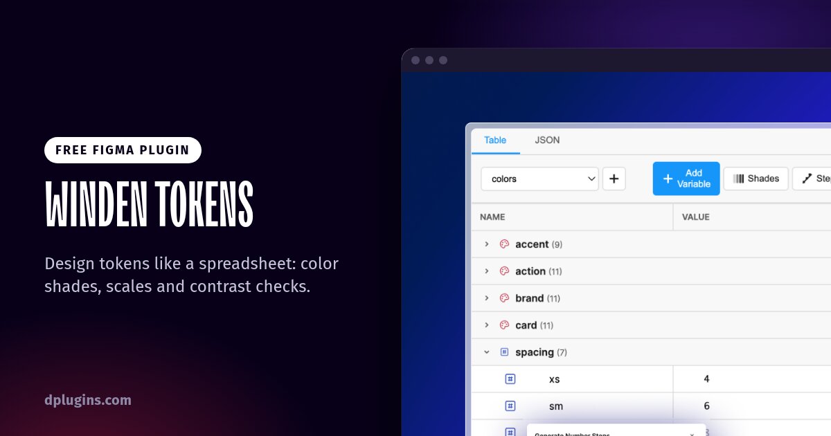 Winden Tokens, a free Figma plugin for design tokens, showing variables in a table
