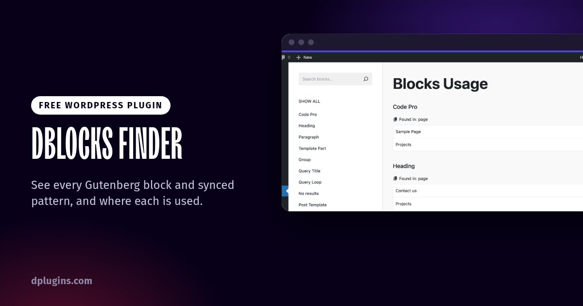 DBlocks Finder showing where each Gutenberg block is used