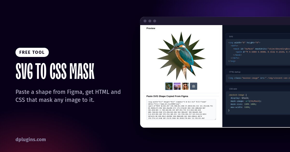 SVG to CSS mask generator by DPlugins: a Figma shape masking a photo, with the generated code
