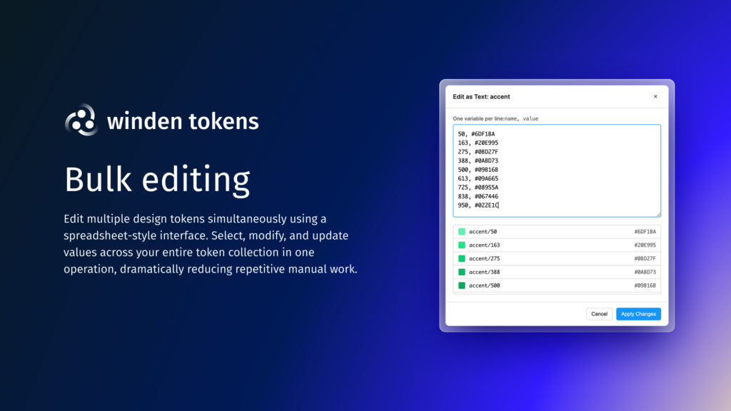 Editing a group of Figma variables as CSV text in Winden Tokens