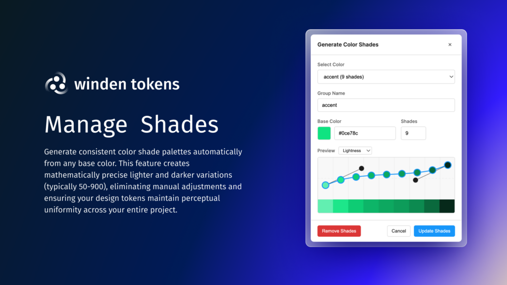 Generating a 50 to 950 color shade palette from one base color in Winden Tokens