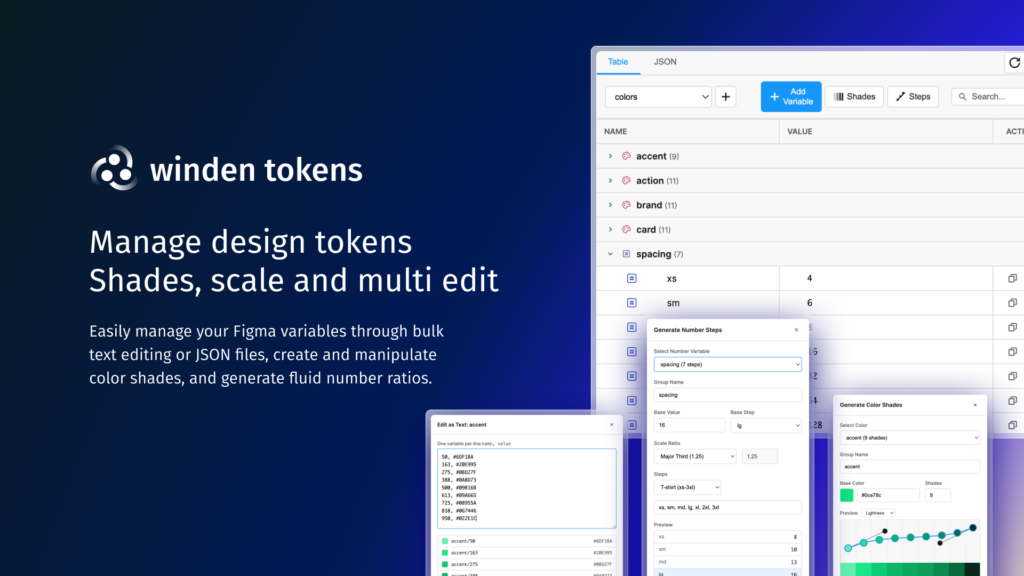 Winden Tokens Figma plugin showing design tokens in a spreadsheet-style table